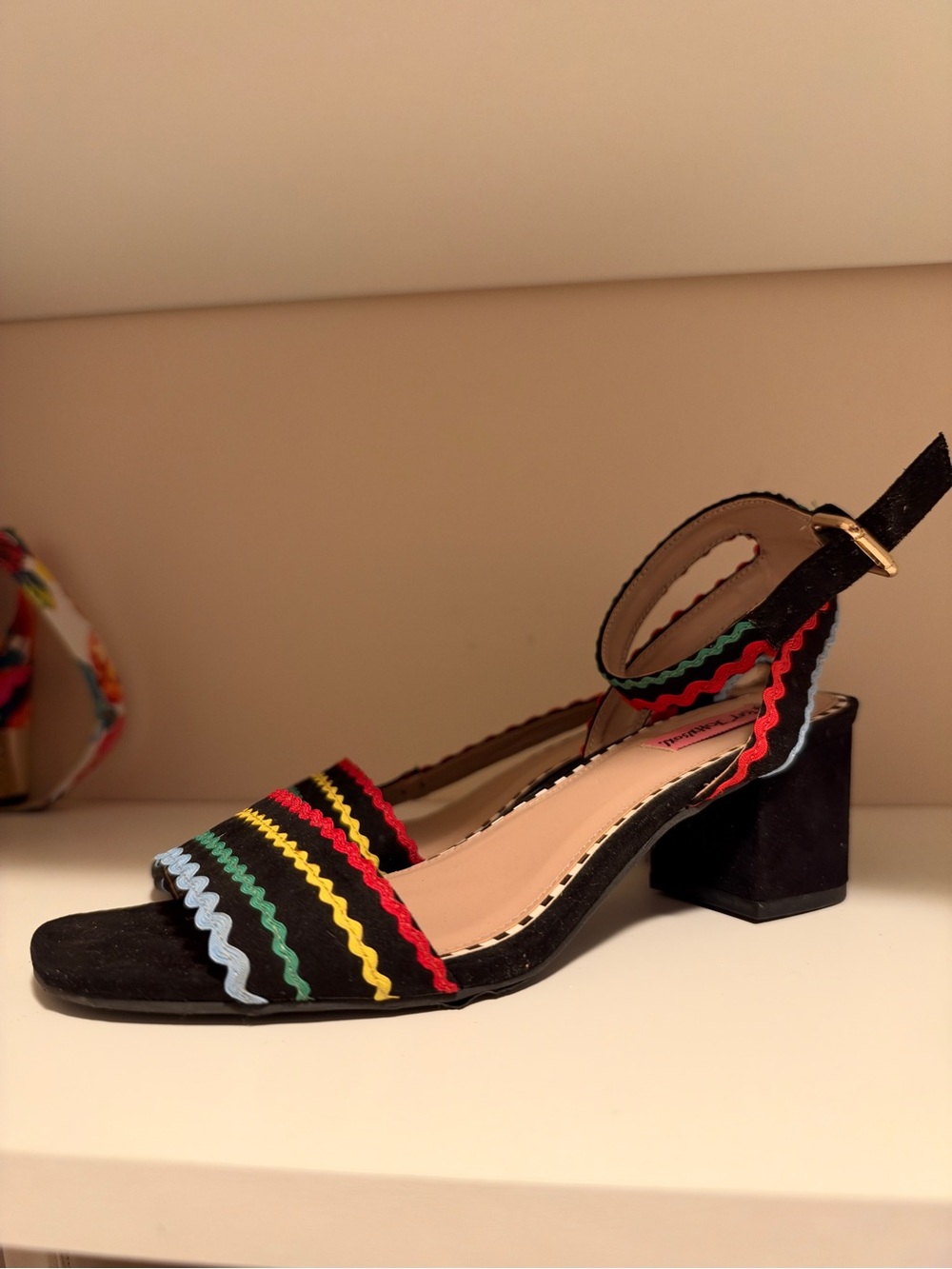 Betsey Johnson Black Block Heel Sandal with Multicolor Rickrack